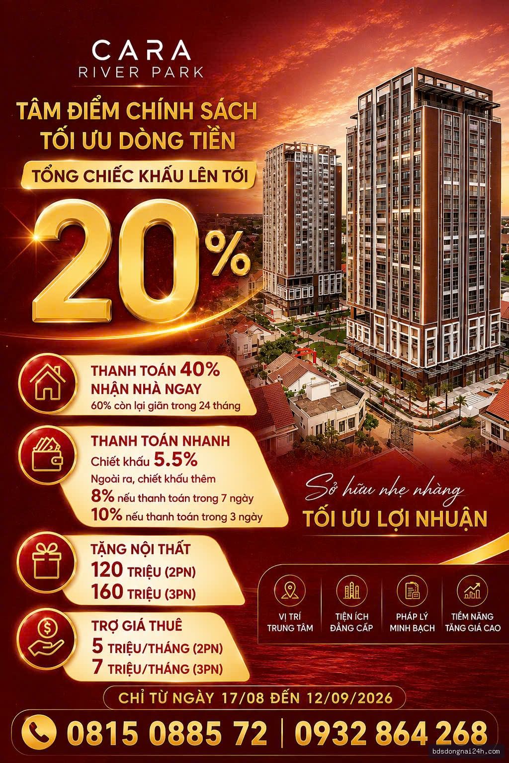 Cho thuê căn hộ 2PN CARA RIVER PARK